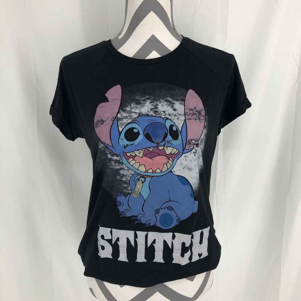 Disney Stitch Short Sleeve Crew Neck Black Aged Graphic Retro T Shirt Medium